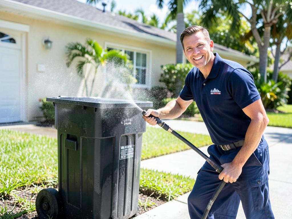 Friendly SR PREMIER technician pressure-washing a residential bin on a sunny Florida driveway