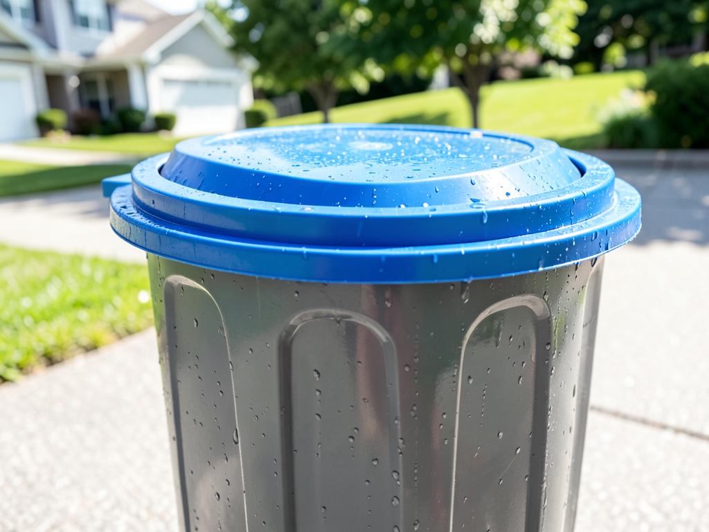 Sparkling clean trash bin with a bright blue lid and fresh water droplets