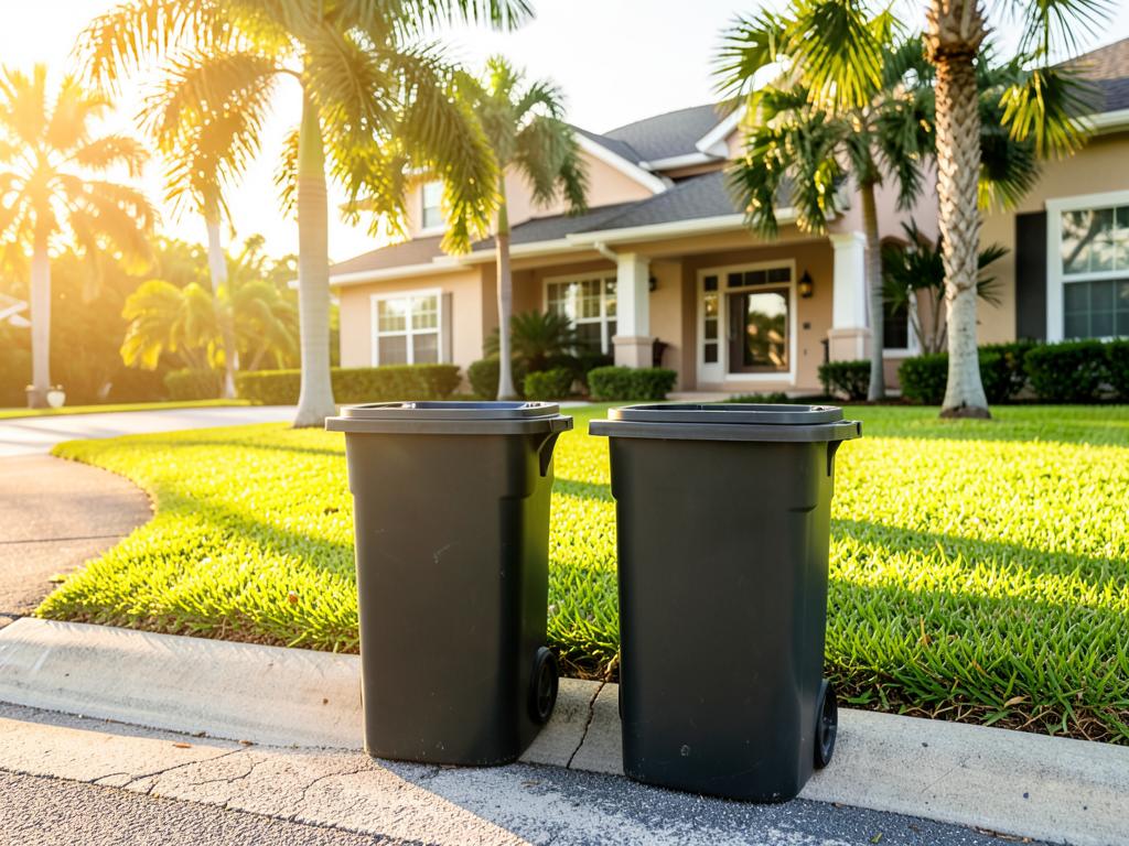 Two clean bins at the curb of a Florida home with palm trees in the morning light